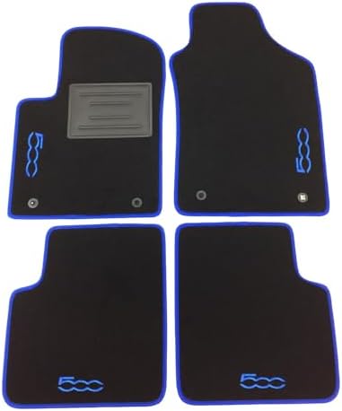 Tappeti Auto Fiat 500 3 Porte 2012-2024 su Misura | Moquette con Loghi Ricamati e Battitacco (Blu)